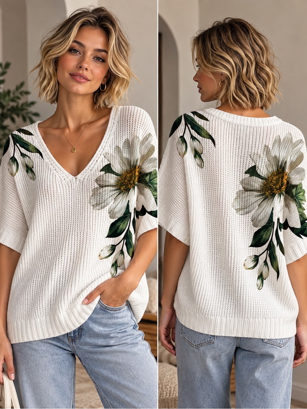 White Floral V-Neck Knit Top